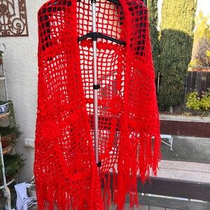 Vibrant Red Crochet Shawl with Fringe